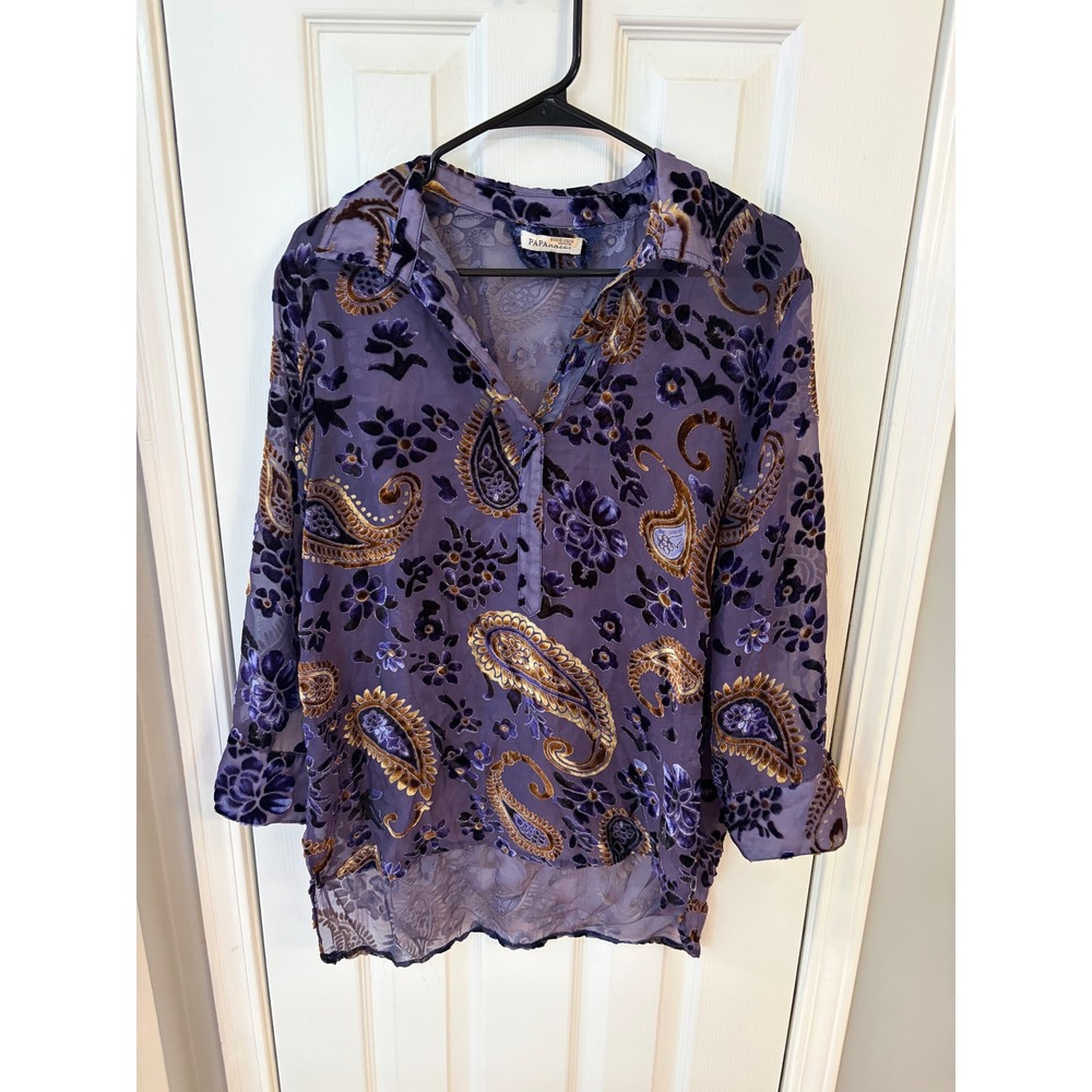 Paparazzi Blouse Womens Large Purple Burnout Velvet Paisley Sheer Boho V-Neck